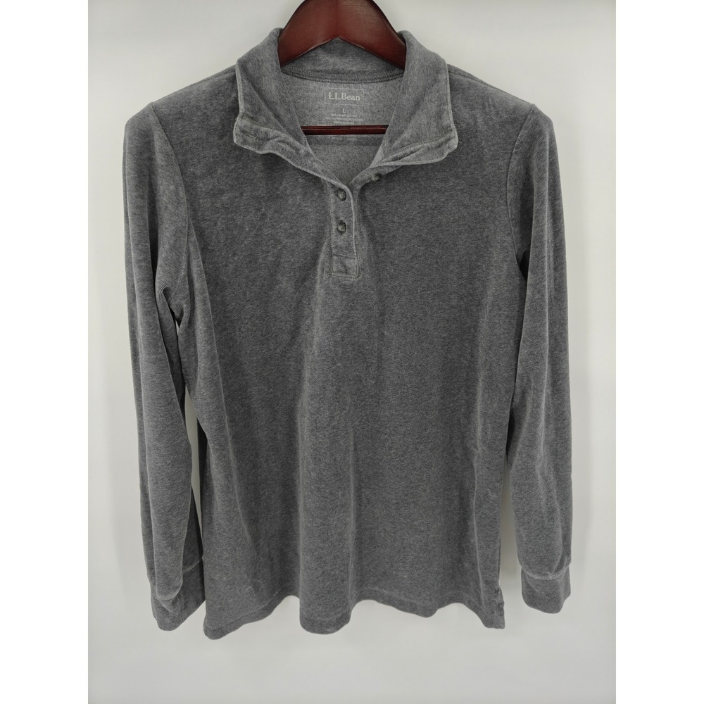 LL Bean Womens Gray Velour Henley Pullover Long Sleeve Shirt Large 272966